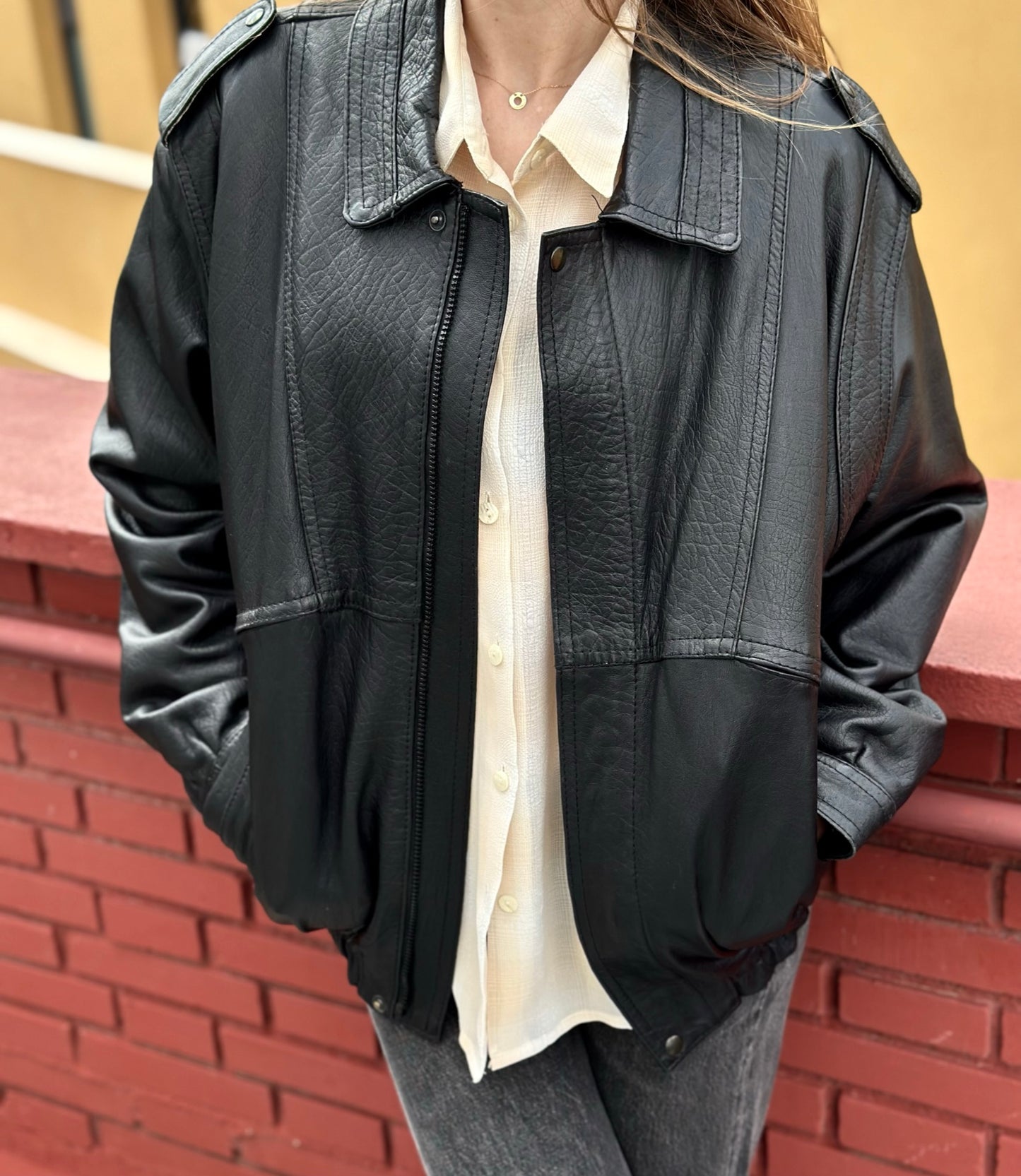 Vintage Black Oversized Leather Bomber Jacket 90's Size XL