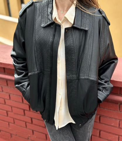 Vintage Black Oversized Leather Bomber Jacket 90's Size XL