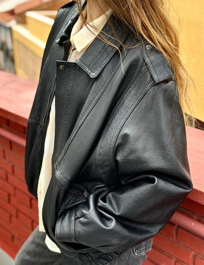 Vintage Black Oversized Leather Bomber Jacket 90's Size XL