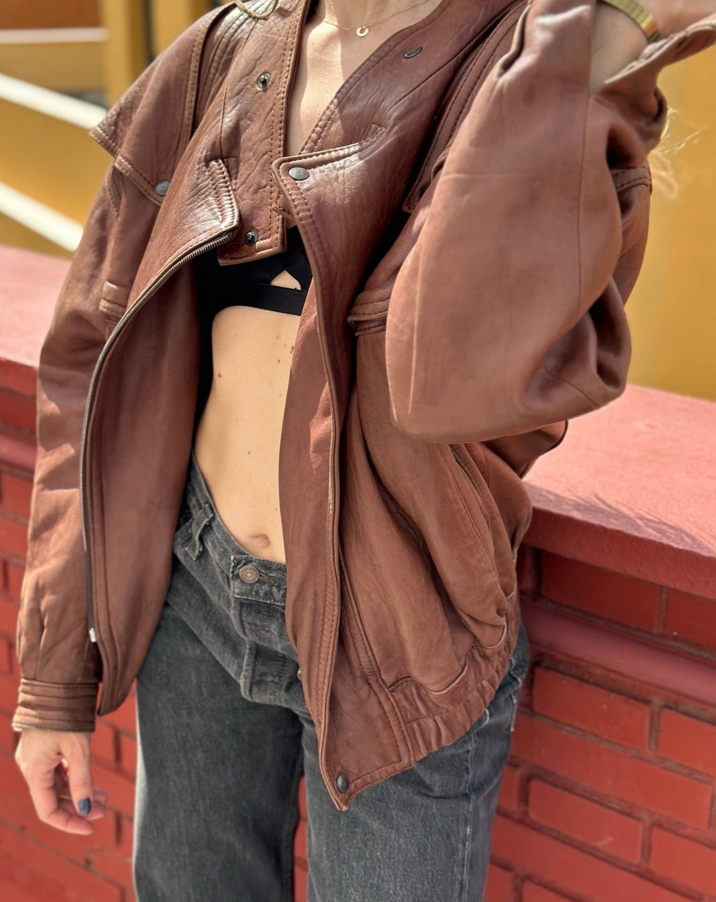 Vintage Soft Leather Oversized Brown Bomber Jacket 90's Size XL