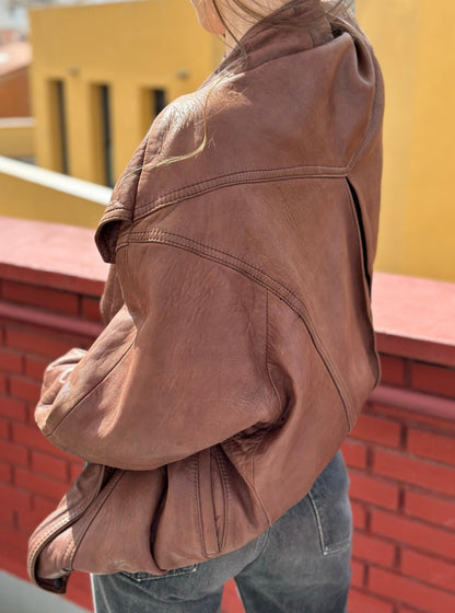 Vintage Soft Leather Oversized Brown Bomber Jacket 90's Size XL